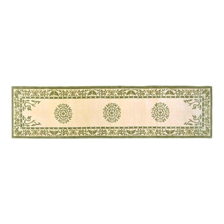 Chinese Art Deco Olive Wool Runner Rug Hand Knotted 3'6" x 14'1": Chinese Art Deco Olive Wool Runner Rug Hand Knotted 3'6" x 14'1" This vintage Chinese Art Deco hand-knotted wool rug showcases traditional craftsmanship with a modern design sensibility. Crafted from 