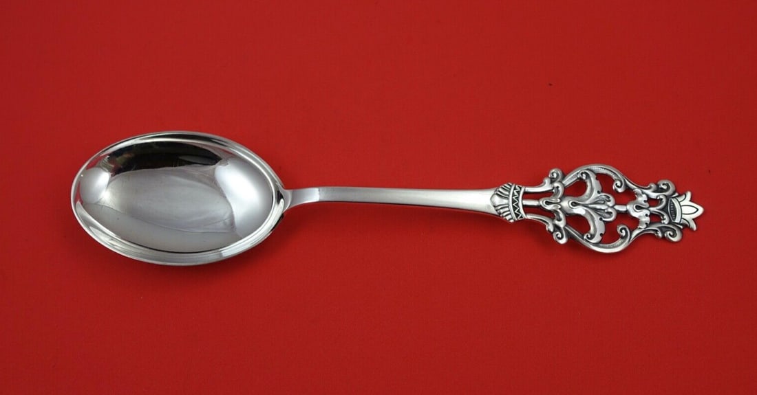 Th. Olsens 830 Sterling Silver Serving Spoon Crown Pierced Handle 9 Inch: Th. Olsens 830 Sterling Silver Serving Spoon Crown Pierced Handle 9 Inch This exquisite serving spoon from Th. Olsens showcases a beautifully pierced handle adorned with a crown design. Crafted from 8