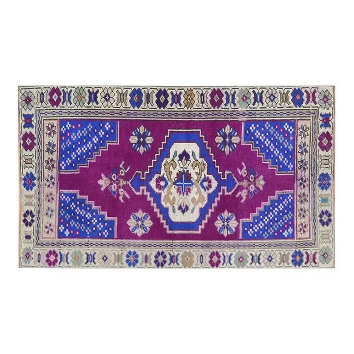 Anatolian Wool Hand-Knotted Rug in Purple 2'4'' x 3'4'': Anatolian Wool Hand-Knotted Rug in Purple 2'4'' x 3'4'' This vintage Turkish Anatolian rug is hand-knotted from wool using traditional techniques, offering a blend of timeless craftsmanship and modern