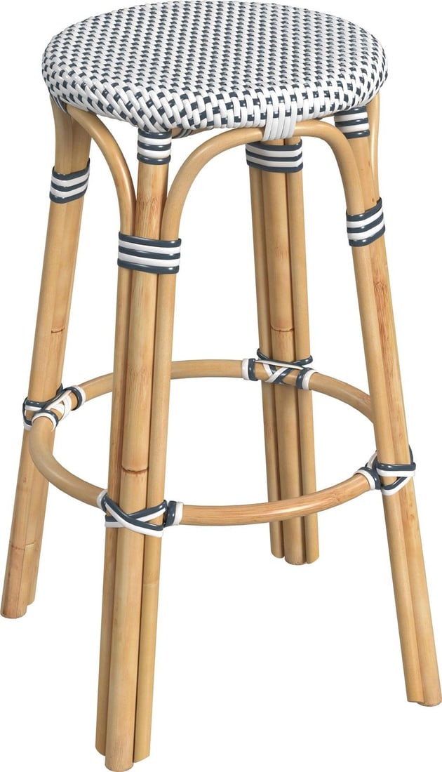 Butler Tobias Round Coastal Bar Stool Natural Rattan Blue Finish (1 of 7)