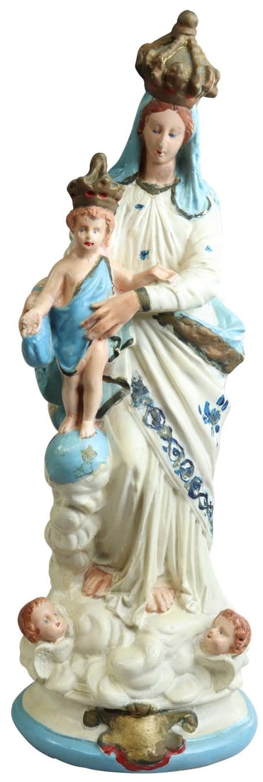 1900 Celestial Blue Madonna Chalkware Sculpture Our Lady of Victory: 1900 Celestial Blue Madonna Chalkware Sculpture Our Lady of Victory This exquisite 1900 Celestial Blue Madonna Chalkware Statue features a delicate antique white and sky blue finish, beautifully captu