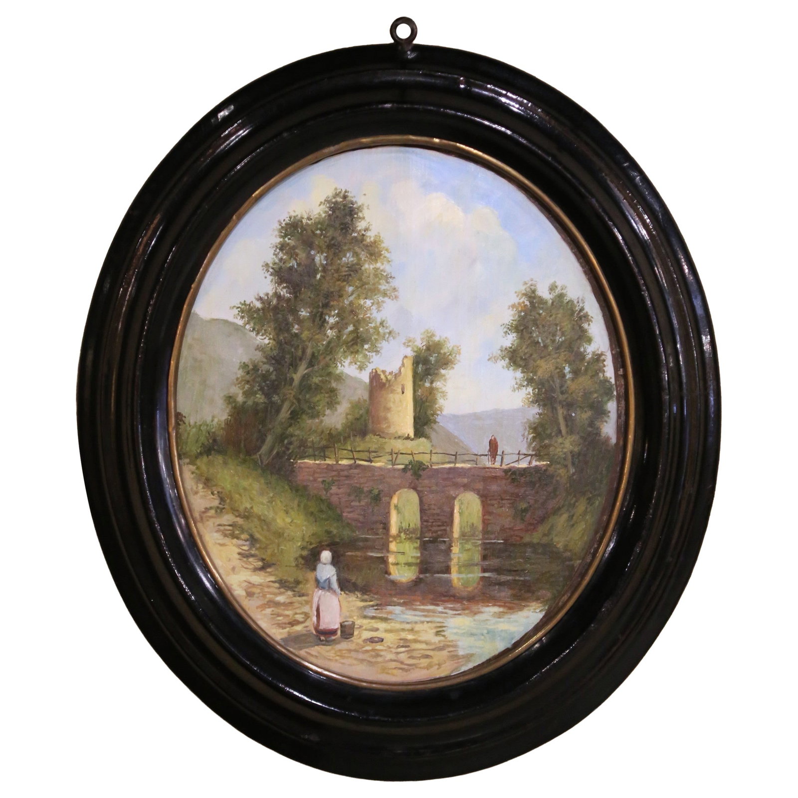 Oval French Landscape Oil on Panel with Bridge Ruins c 1880: Oval French Landscape Oil on Panel with Bridge Ruins c 1880 An antique late 19th century French oval landscape oil painting, circa 1880, depicting a peaceful rural scene with a stone bridge, architect