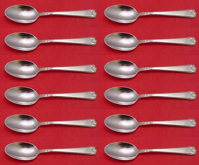 Watson George II Rex Sterling Silver Soup Spoon Set 12 pcs: Watson George II Rex Sterling Silver Soup Spoon Set 12 pcs This exquisite 12-piece set of place soup spoons is crafted in the George II Rex Hand Chased pattern by Watson. Each spoon measures 7 1/8 inc