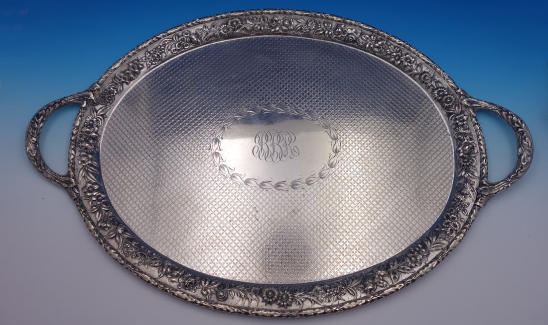 S. Kirk and Son Co Repousse sterling silver tea tray with diaper work (1 of 8)