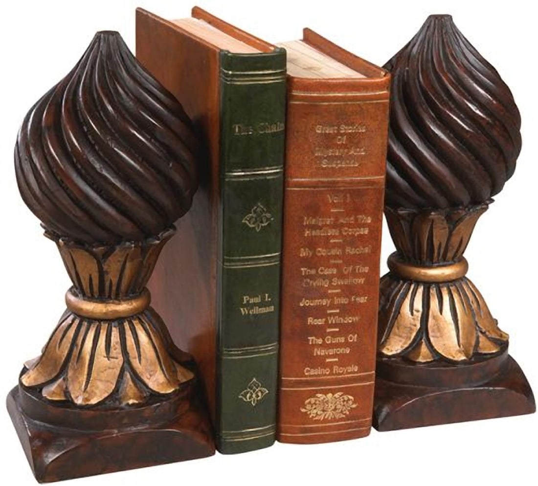 Lodge Style Hand-Carved Resin Bookends with Swirl Knob: Lodge Style Hand-Carved Resin Bookends with Swirl Knob This item is made at time of order. Please allow 42 to 70 days for production. Enhance your library or home office with these Lodge Style Resin B