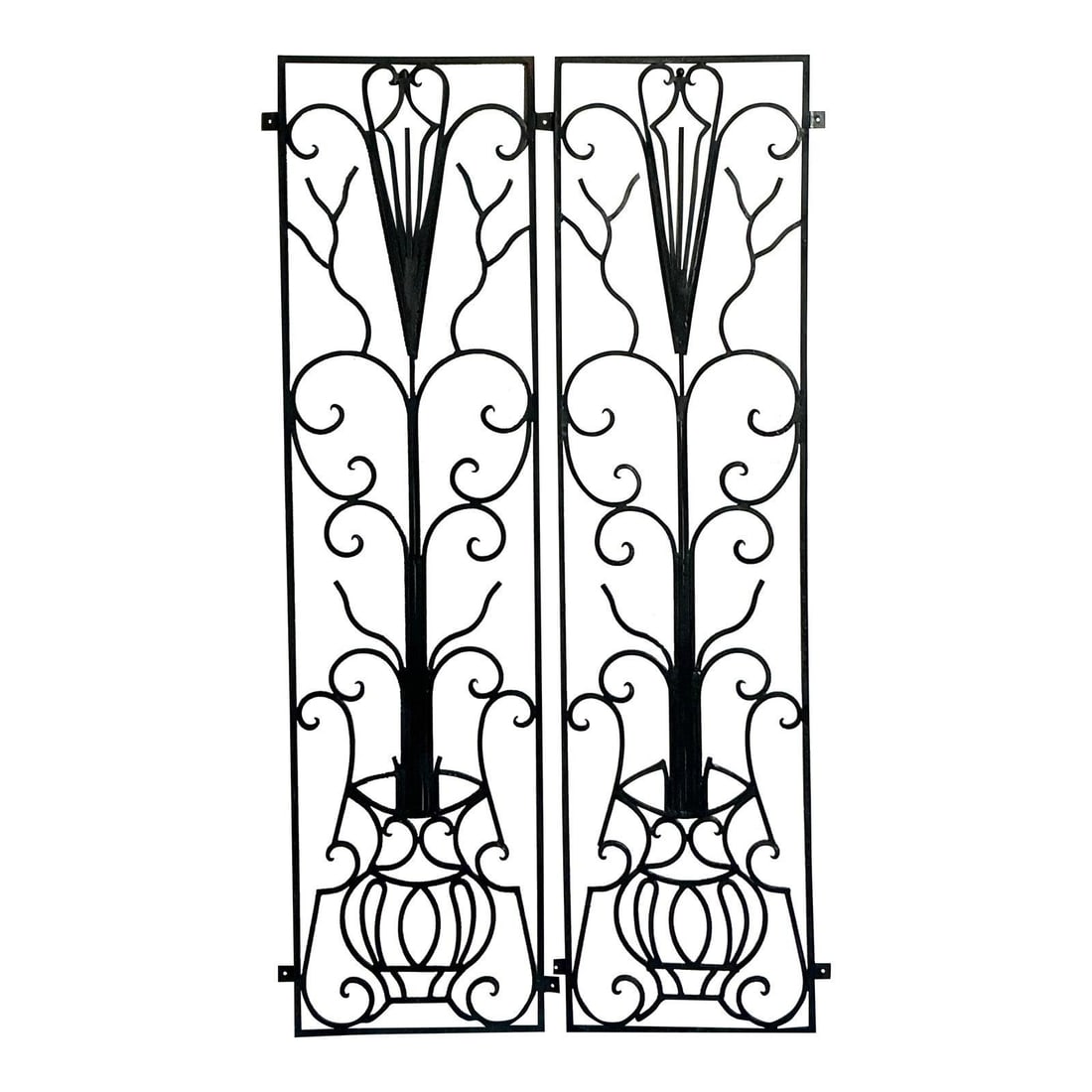 Art Deco Vintage Wrought Iron Panels Pair 73x70 Inches: Art Deco Vintage Wrought Iron Panels Pair 73x70 Inches Elevate your space with this stunning pair of vintage Art Deco wrought iron panels, masterfully hand-forged to create a breathtaking architectura