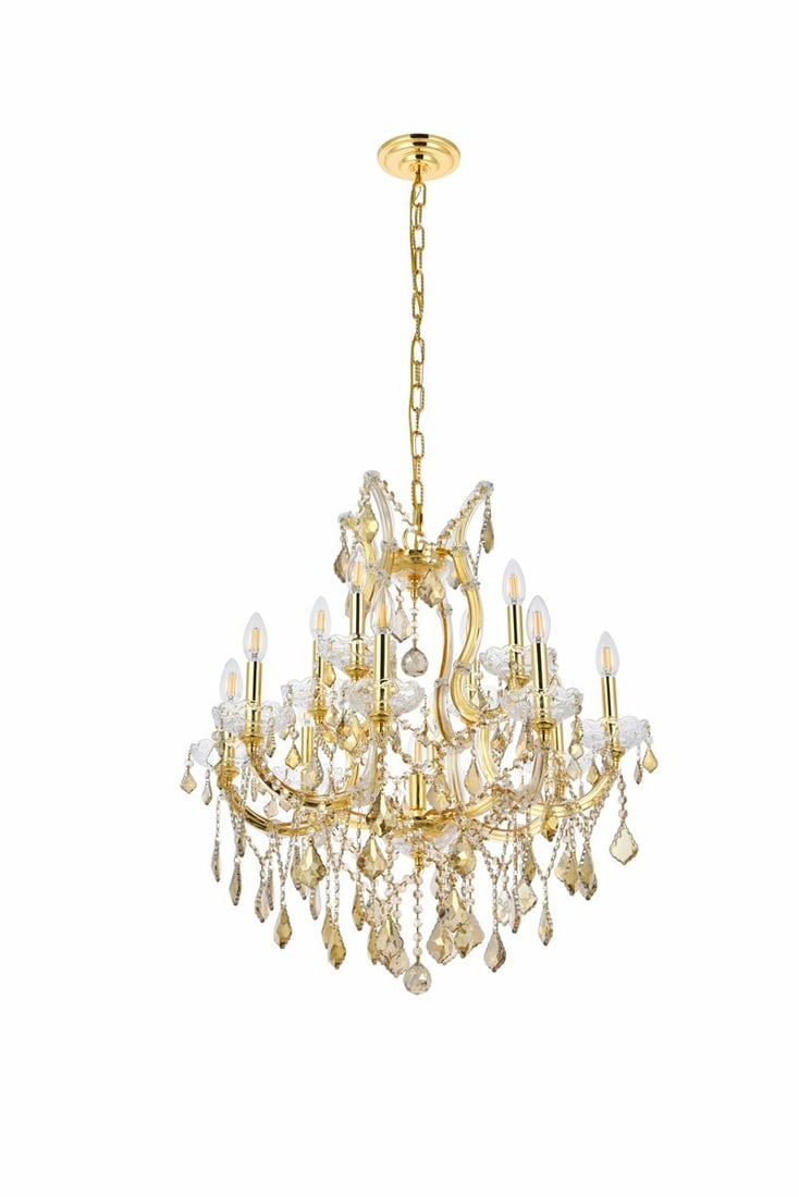 Maria Theresa 13-Light Gold Crystal Chandelier 27 in: Maria Theresa 13-Light Gold Crystal Chandelier 27 in Gold-finished Maria Theresa style 13-light chandelier with Golden Teak (smoky) royal cut crystal glass and a gold frame. It is hardwired, height-ad