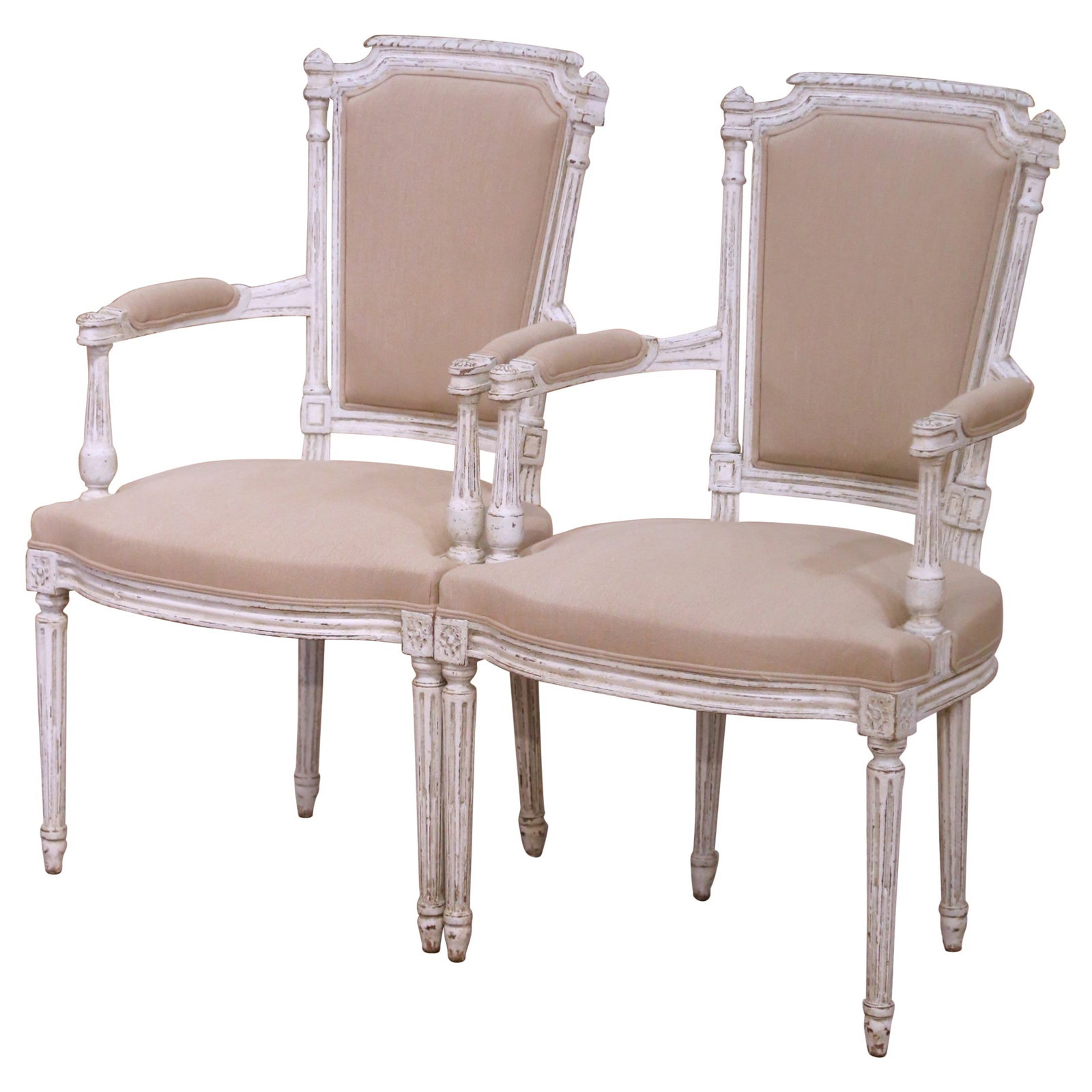 Set of 2 Antique French Louis XVI Style Painted Beech Armchairs Upholstered Seats: Set of 2 Antique French Louis XVI Style Painted Beech Armchairs Upholstered Seats This pair of late 19th century French Louis XVI armchairs features solid beech wood frames that are hand-carved and ha