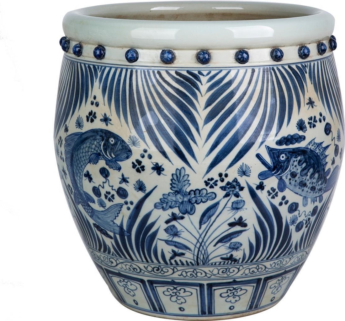 Hand-Crafted Chinoiserie Drum Planter Pot Blue Porcelain 16H 17W 17D (1 of 3)