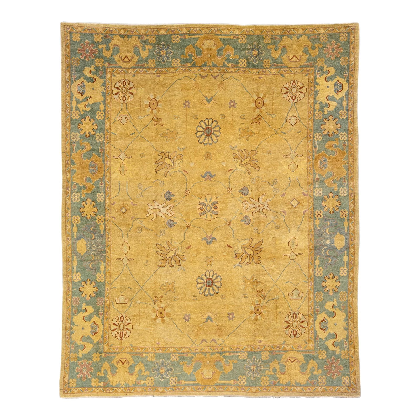 Oversized Goldenrod Floral Oushak Handmade Wool Rug 11'4 x 14'6: Oversized Goldenrod Floral Oushak Handmade Wool Rug 11'4 x 14'6 Enhance your space with this exquisite modern Oushak hand-knotted wool rug, featuring a vibrant goldenrod field. The rug is beautifully 