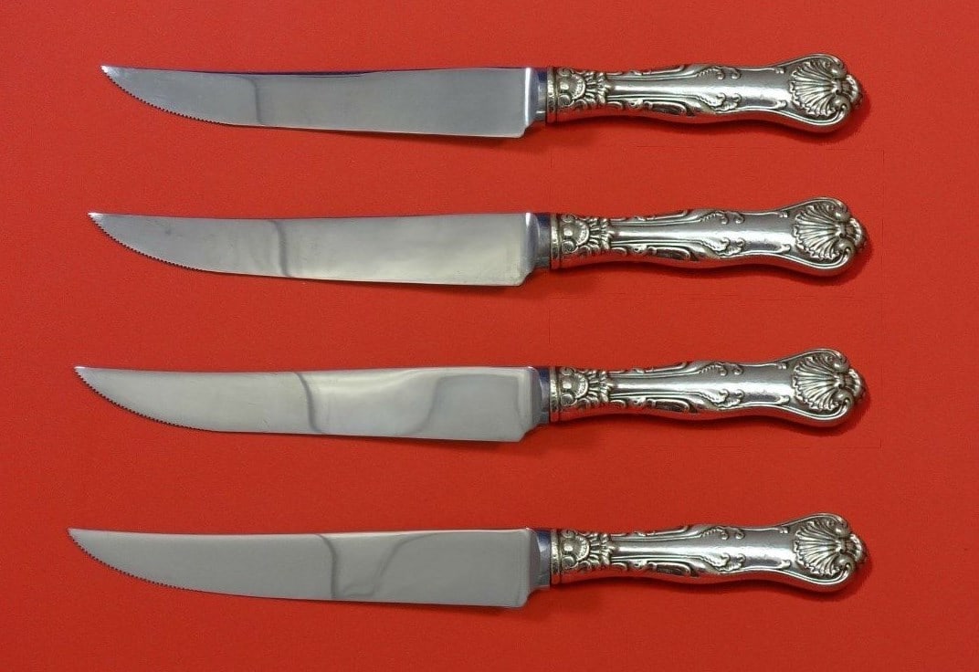 Whiting Imperial Queen Sterling Silver Steak Knives Set 4pc Custom Made: Whiting Imperial Queen Sterling Silver Steak Knives Set 4pc Custom Made Enhance your dining experience with this exquisite set of four steak knives from the Imperial Queen pattern by Whiting. Crafted 