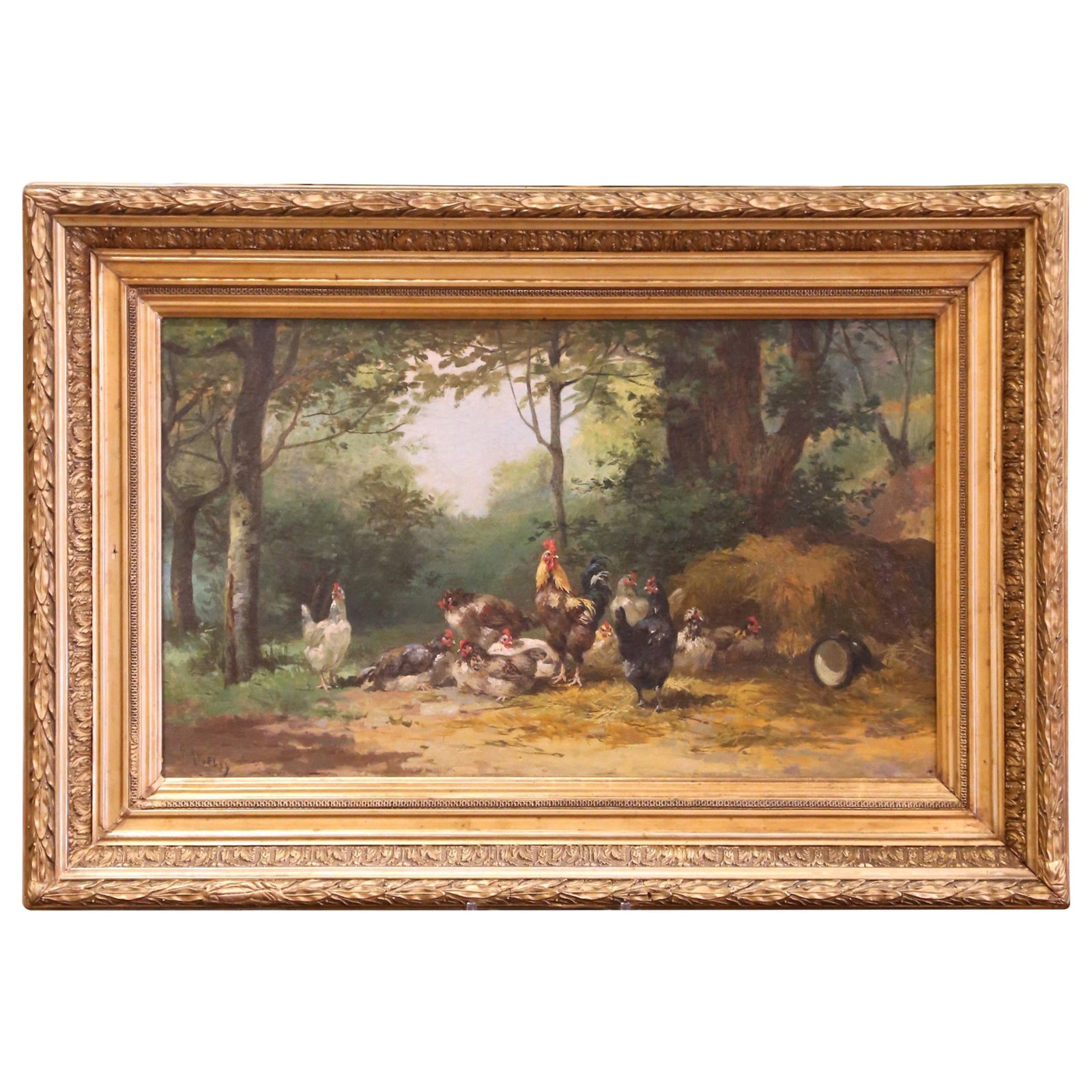 19th Century French Oil Painting Farmyard Scene by Auguste Angelvy: 19th Century French Oil Painting Farmyard Scene by Auguste Angelvy Discover a captivating 19th Century French framed oil on canvas painting, beautifully signed by the artist Auguste Angelvy (1824-1889