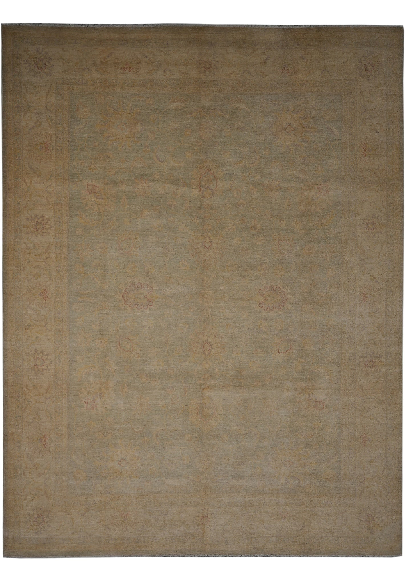 9 x 11.7 Light Sage Green Organic Wool Hand-Knotted Rug: 9 x 11.7 Light Sage Green Organic Wool Hand-Knotted Rug Free continental US Shipping This hand-knotted rug features a light sage green field with subtle beige, ivory, and muted natural accents. Made f