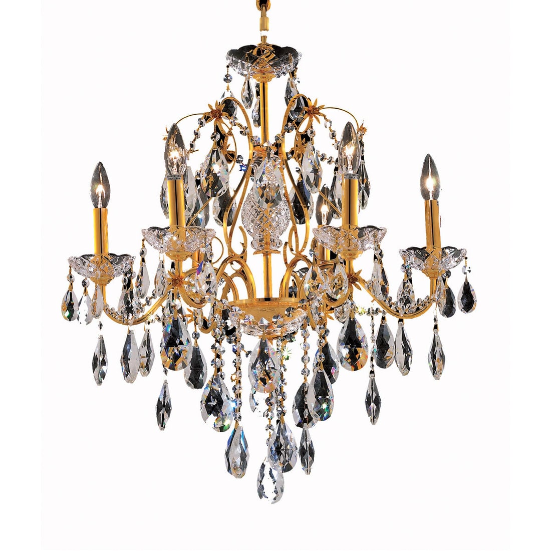 St. Francis 6 Light Gold Crystal Pendant Chandelier: St. Francis 6 Light Gold Crystal Pendant Chandelier This modern crystal pendant chandelier features clear glass and tear drop crystals with a gold finish, designed for indoor use in living, dining, be