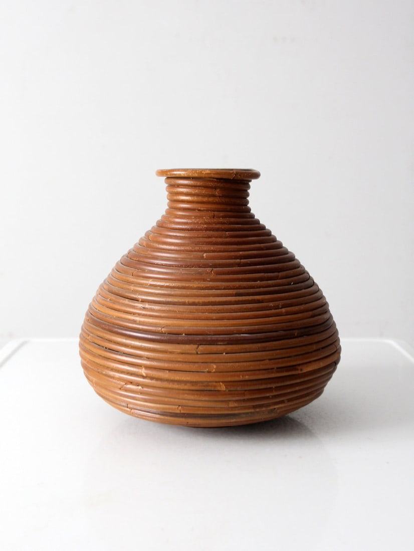 Mid-Century Pencil Reed Basket Vase 11.25 inch Diameter (1 of 9)
