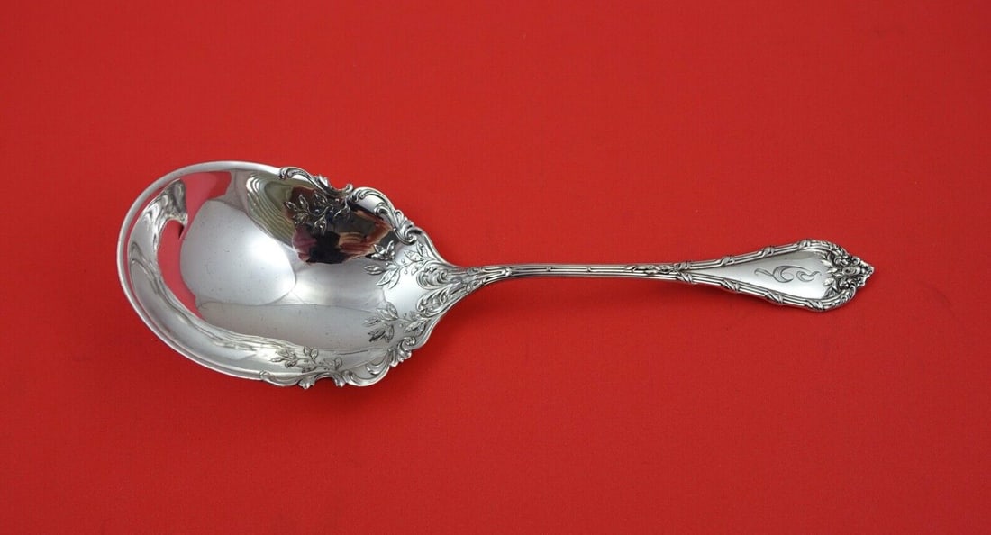 Durgin Madame Royale sterling berry spoon 8 3 8 inch: Durgin Madame Royale sterling berry spoon 8 3 8 inch This is a Durgin sterling silver berry spoon in the Madame Royale pattern, crafted in the United States between 1850 and 1899. The spoon features o