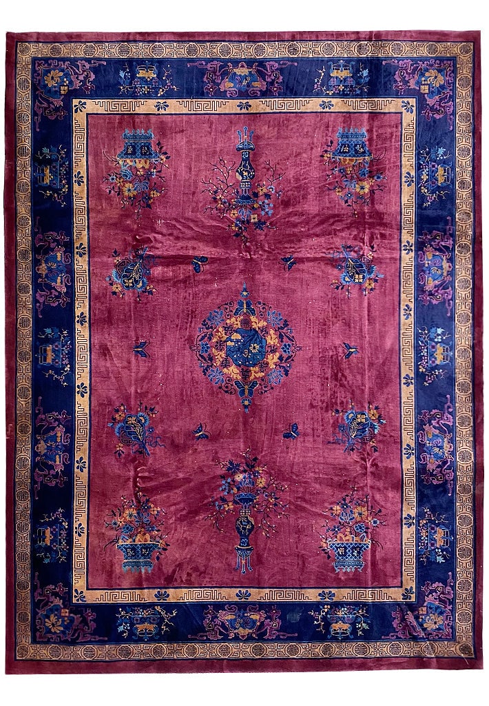 10 x 13 Antique Art Deco Chinese Rug Plum Blue Wool (1 of 12)