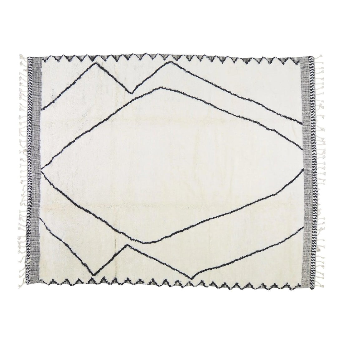 9x12 Hand Knotted Wool Rug Moroccan Beni Ourain Geometric: 9x12 Hand Knotted Wool Rug Moroccan Beni Ourain Geometric This Moroccan Beni Ourain rug features a hand-knotted geometric pattern crafted from organic wool, providing a soft texture. The rug showcases