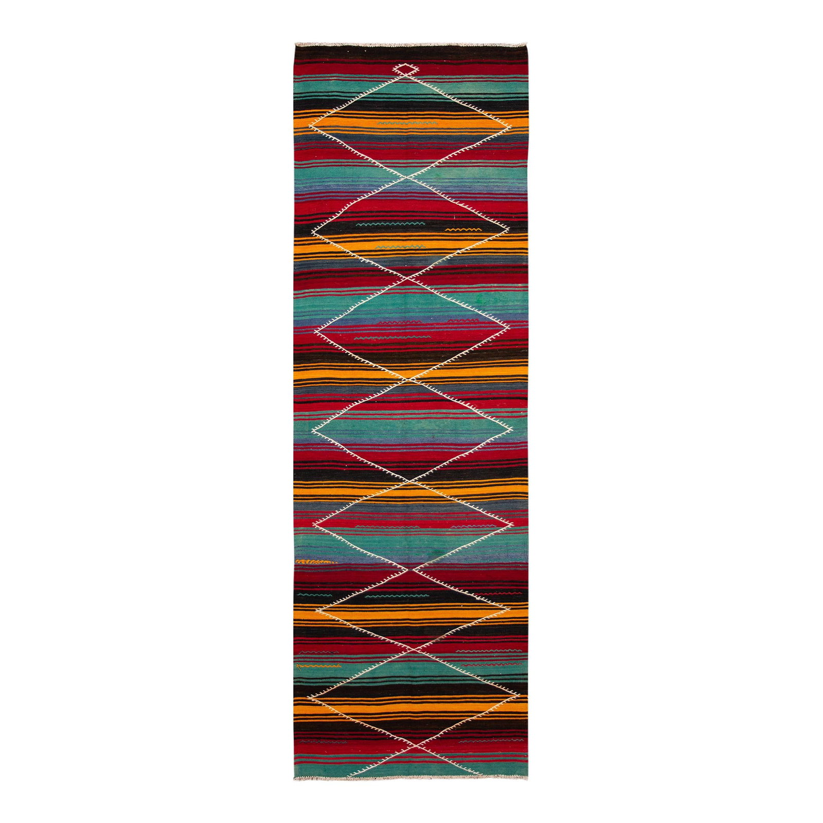 Vintage Persian Kilim Multicolor Wool Runner 4' x 13': Vintage Persian Kilim Multicolor Wool Runner 4' x 13' This exquisite vintage Persian Kilim runner showcases a stunning hand-knotted wool construction, featuring a vibrant multicolor field adorned with