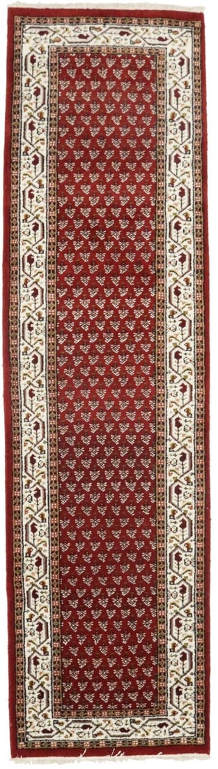 Hand Knotted Wool Runner Rug 2'6 x 8'11 Floral Tribal: Hand Knotted Wool Runner Rug 2'6 x 8'11 Floral Tribal This pre-owned hand-knotted wool runner rug features a modern tribal floral design in a rich palette of red, cream, black, beige, olive green, gra