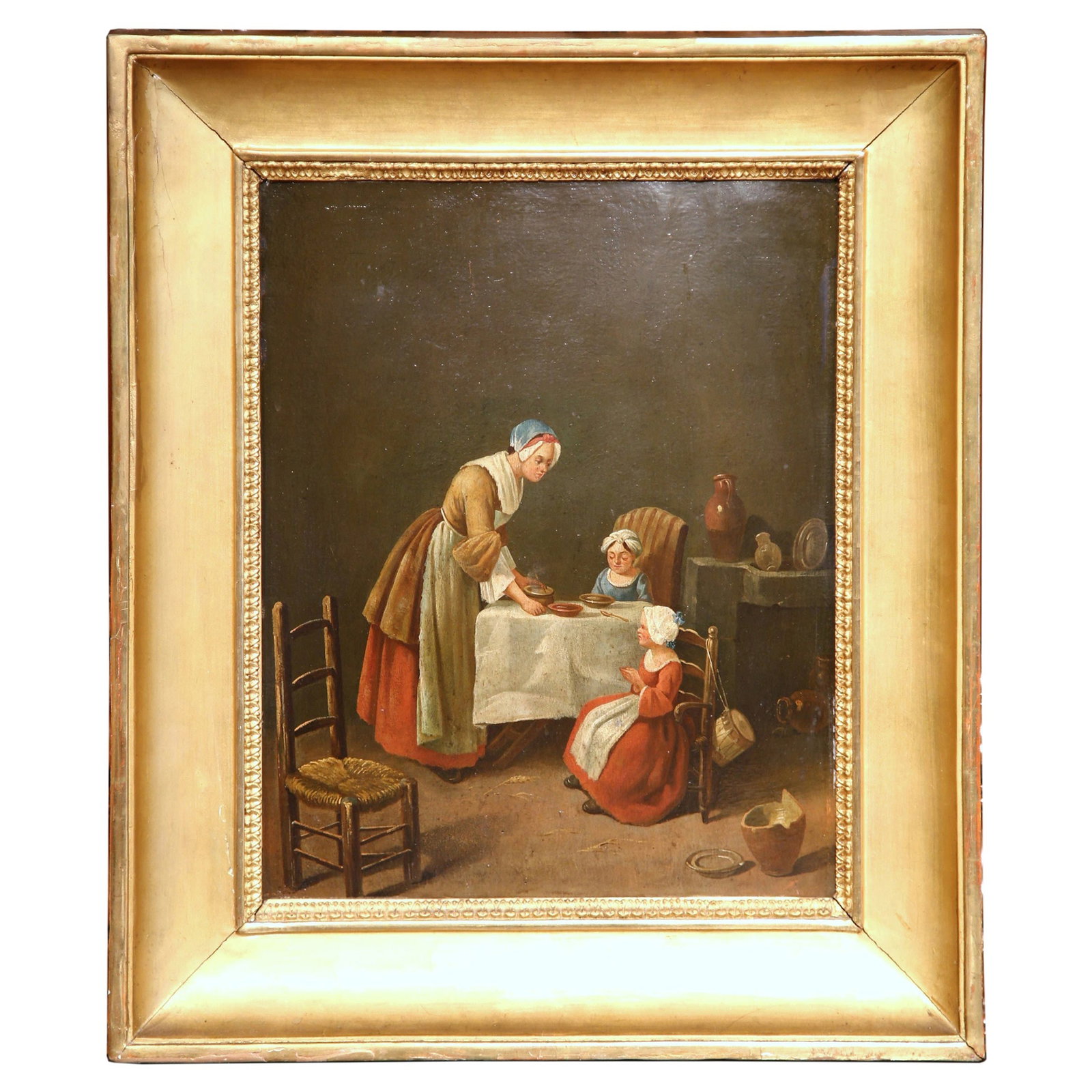 19th Century French Oil Painting After Chardin Saying Grace in Giltwood Frame: 19th Century French Oil Painting After Chardin Saying Grace in Giltwood Frame This exquisite 19th-century French genre painting, inspired by Jean-Baptiste-Simeon Chardin's "Le Benedicite," captures a 