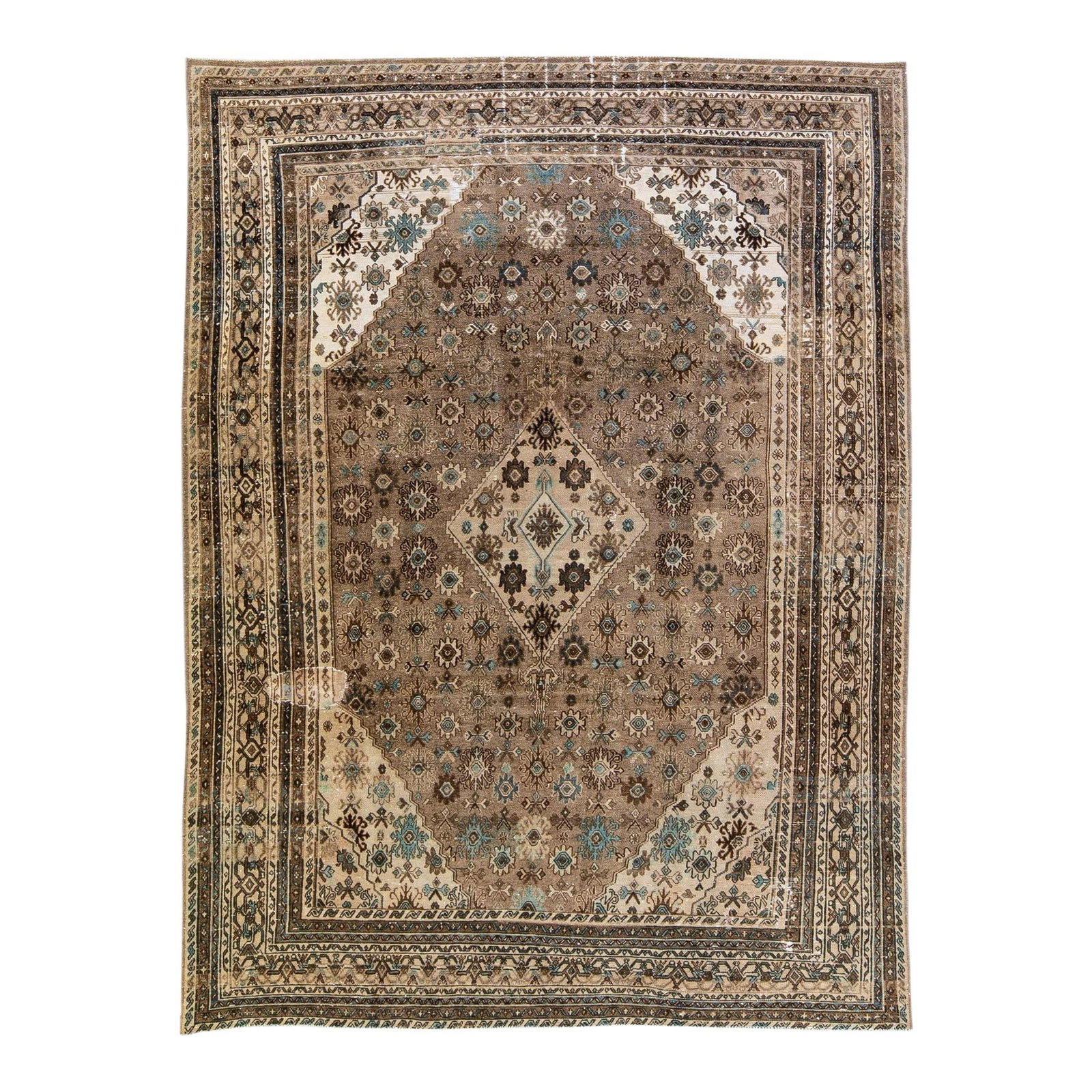 1960s Handmade Persian Wool Rug Brown Medallion Design 8'2 x 11'2: 1960s Handmade Persian Wool Rug Brown Medallion Design 8'2 x 11'2 This exquisite vintage Persian rug showcases a stunning distressed design, hand-knotted from high-quality wool. The rich brown field i