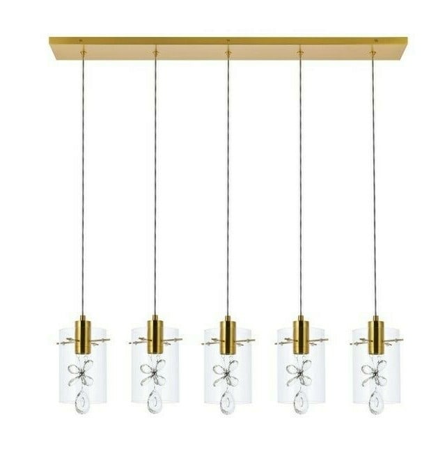 Hana 5-Light Gold Crystal Pendant Chandelier 35.98 in: Hana 5-Light Gold Crystal Pendant Chandelier 35.98 in This modern pendant chandelier from the Hana Collection features a striking gold finish and elegant crystal flowers encased within cylindrical gla