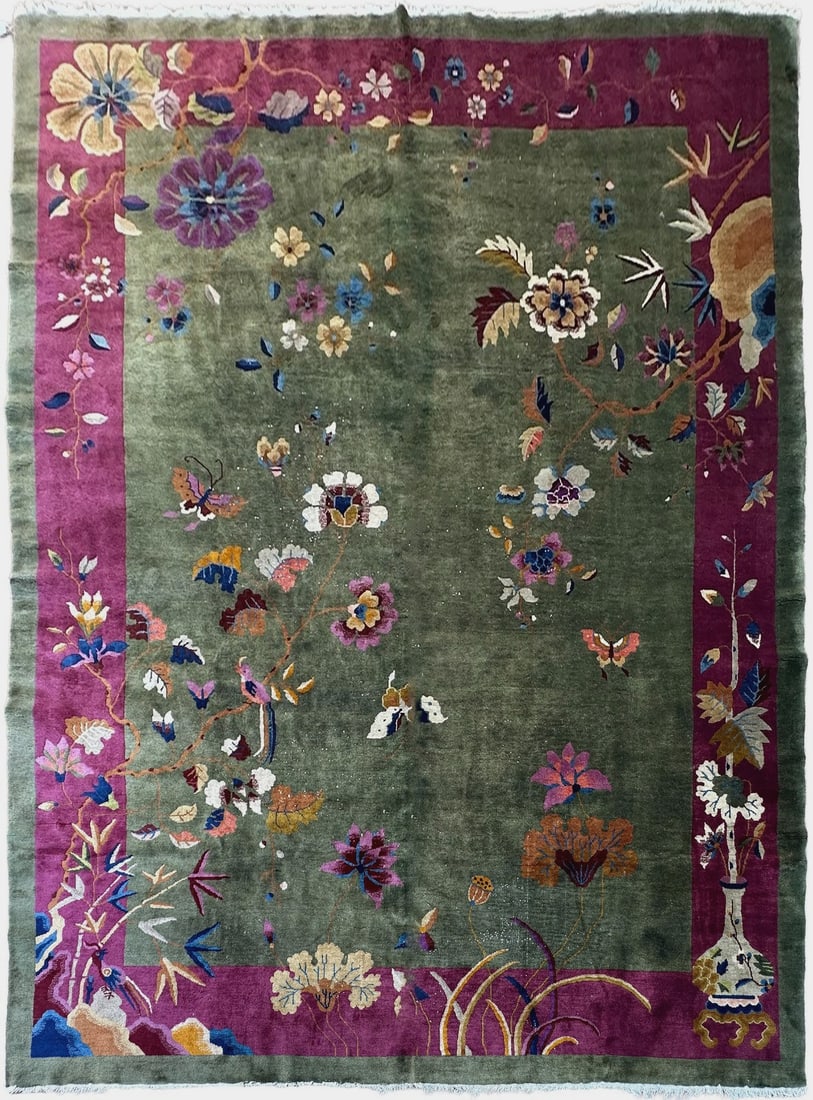 Antique Walter Nichols Mandarin Wool Art Deco Area Rug 9x12 Green: Antique Walter Nichols Mandarin Wool Art Deco Area Rug 9x12 Green This is a rare and exceptional antique Art Deco area rug attributed to Walter Nichols, crafted in China circa 1920. The rug features a