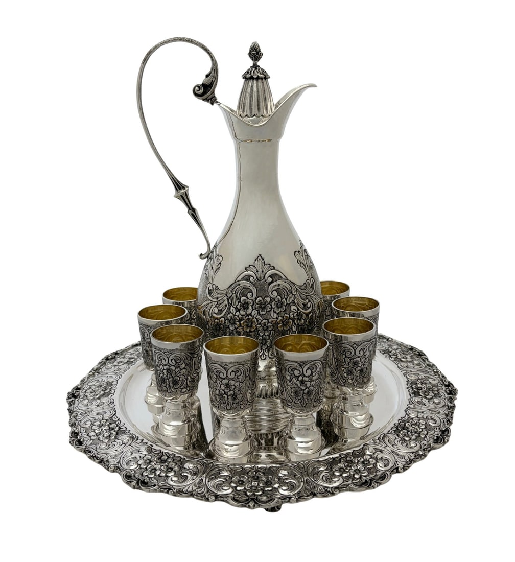 Italian 925 Sterling Silver Liquor Service Pitcher Tray 12 Cups (1 of 6)