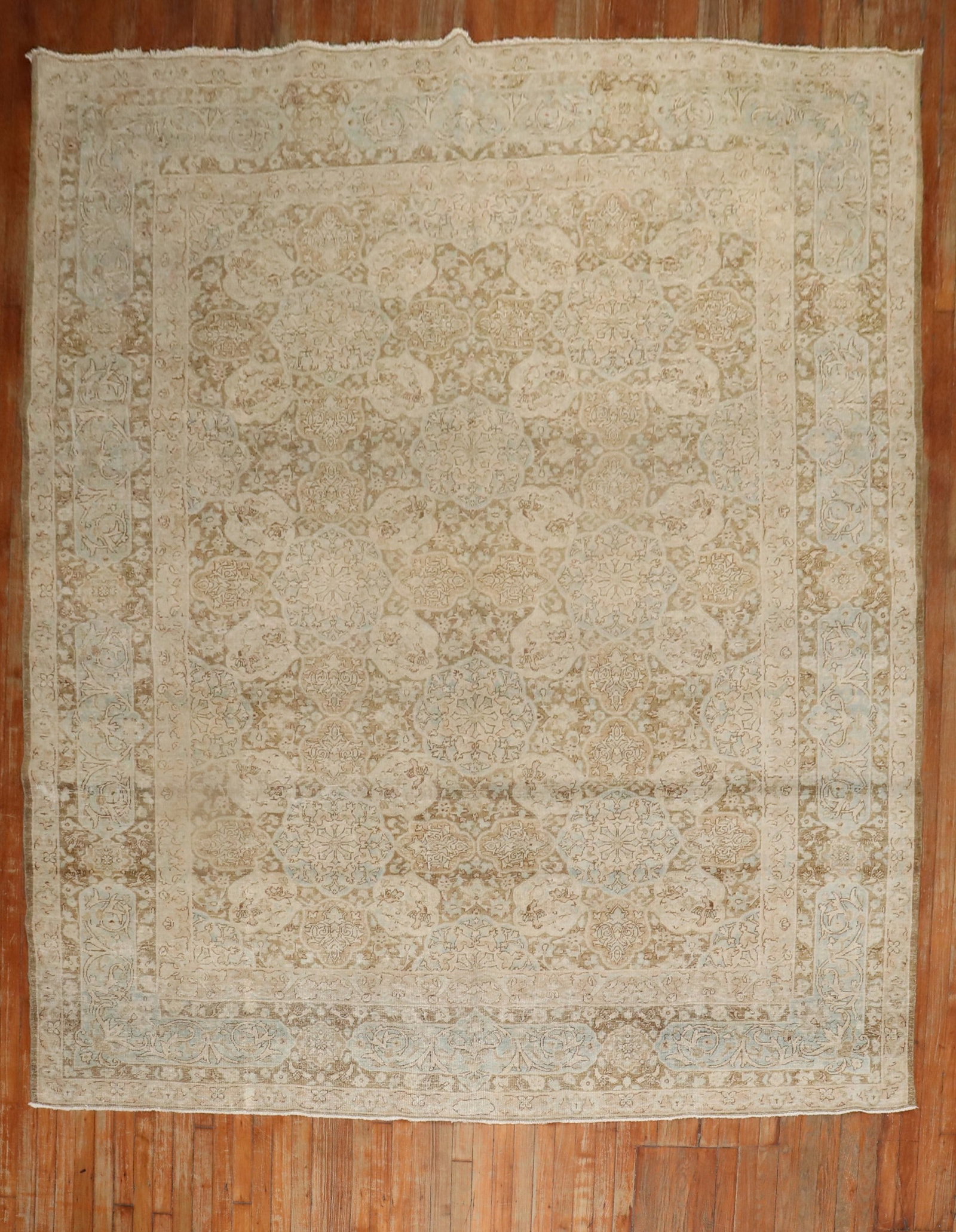 8' 5" x 11' 6" Kerman Persian Room Rug Brown Ivory Blue: 8' 5" x 11' 6" Kerman Persian Room Rug Brown Ivory Blue Mid 20th century Persian Kerman room rug in warm brown, ivory, and light blue tones. This pre-owned rug features a detailed floral pattern and a