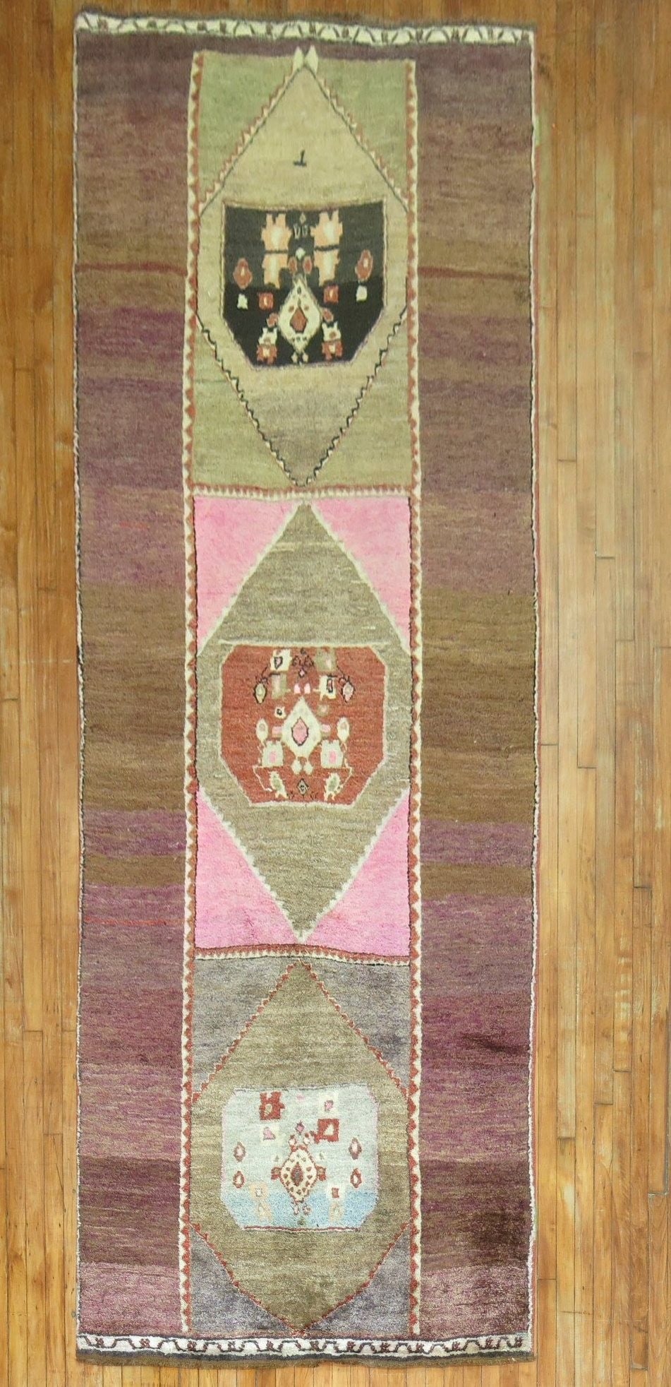 4' 6" x 13' Turkish Kars Wide Runner Rug: 4' 6" x 13' Turkish Kars Wide Runner Rug Mid-20th century Turkish Kars wide runner in bright pink and brown. This pre-owned rug is identified as a Kars and falls within the gallery runner category. Sp