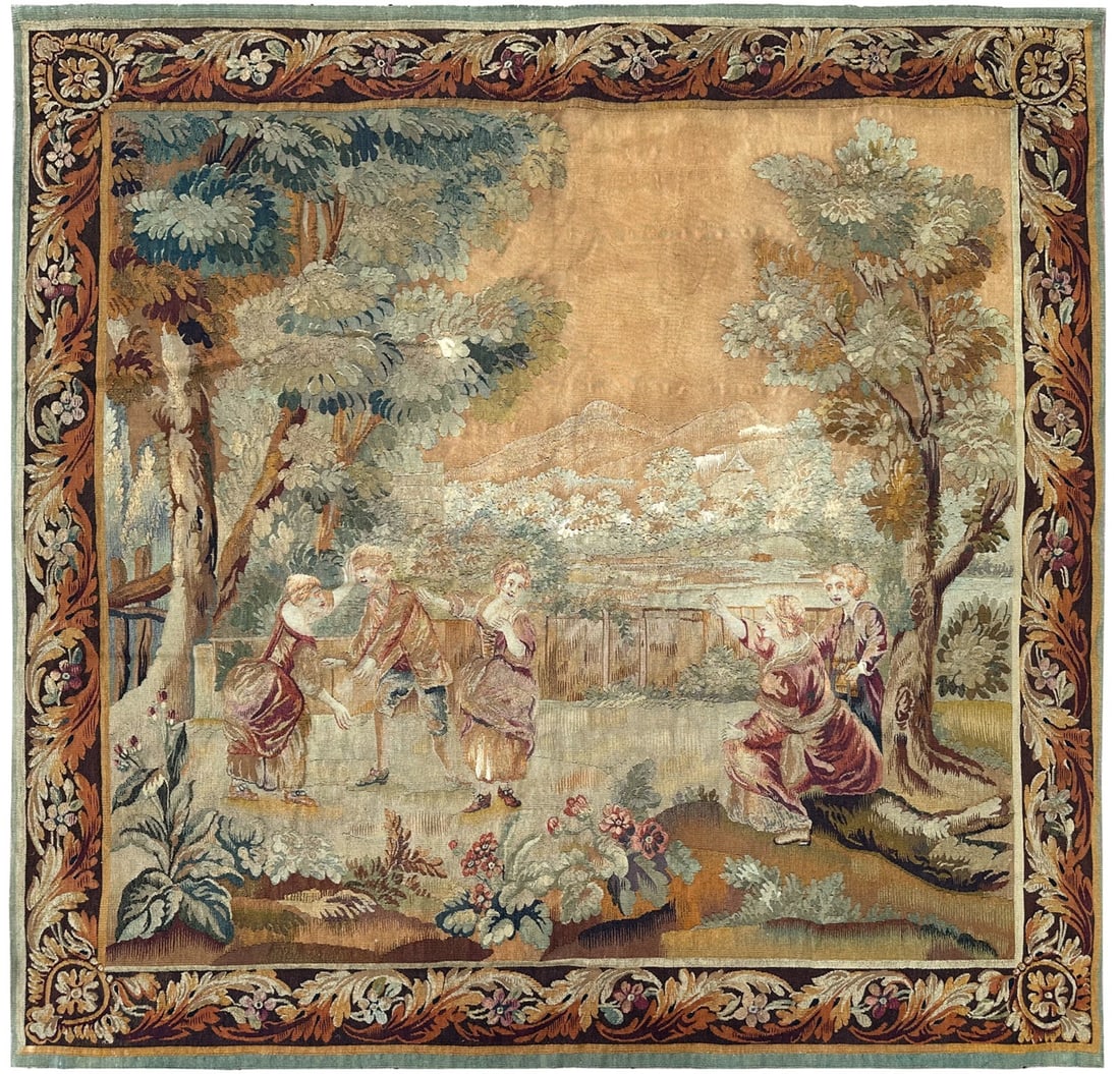 French Art Nouveau Verdure Tapestry with Figures 7x7: French Art Nouveau Verdure Tapestry with Figures 7x7 This authentic antique French Art Nouveau tapestry, dating to circa 1890, features a verdure scene with game and human figures. Expertly handwoven 