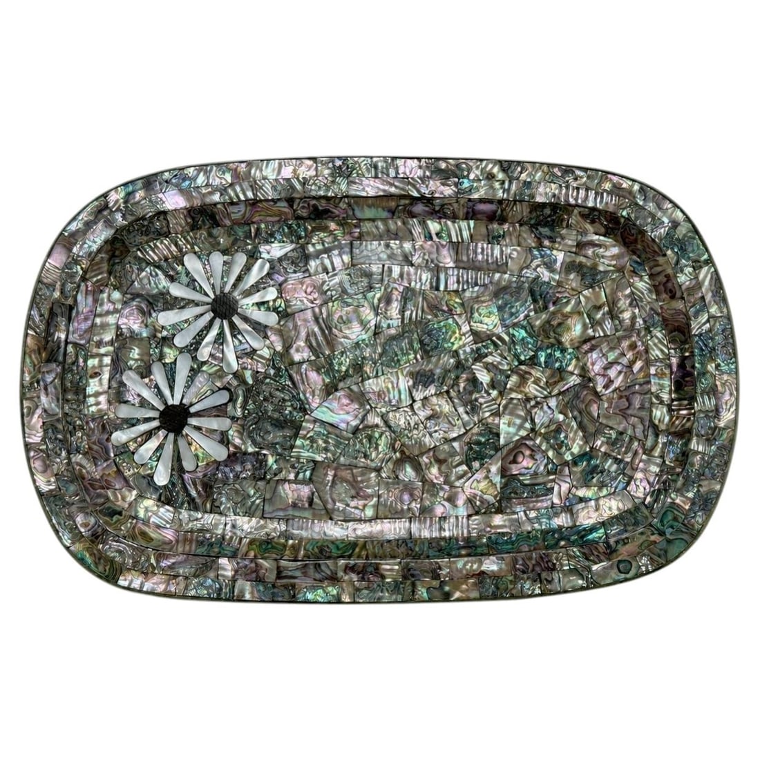 Los Castillo Taxco silver plate tray with mother of pearl inlay: Los Castillo Taxco silver plate tray with mother of pearl inlay A refined Mid-Century Modern tray attributed to Los Castillo of Taxco, Mexico. This rectangular piece features softly rounded corners