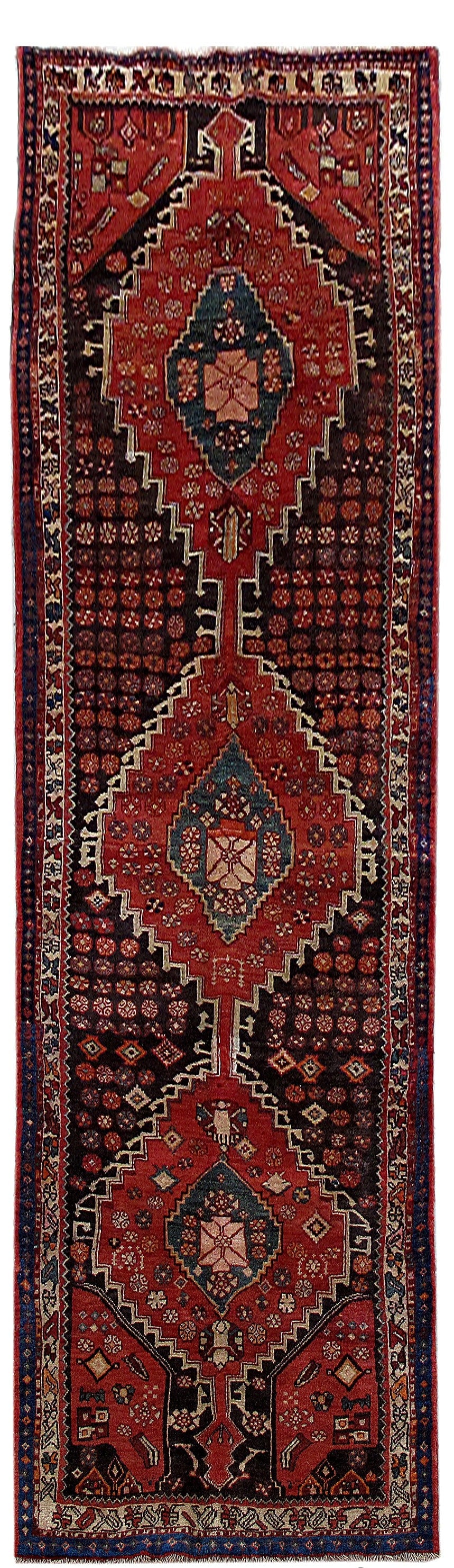 4' x 13' Handcrafted Persian Hamadan Runner Rug in Dull Red: 4' x 13' Handcrafted Persian Hamadan Runner Rug in Dull Red Free continental US Shipping Enhance your space with this exquisite 3.9 x 12.10 Traditional Persian Hamadan Runner Rug. Handcrafted by