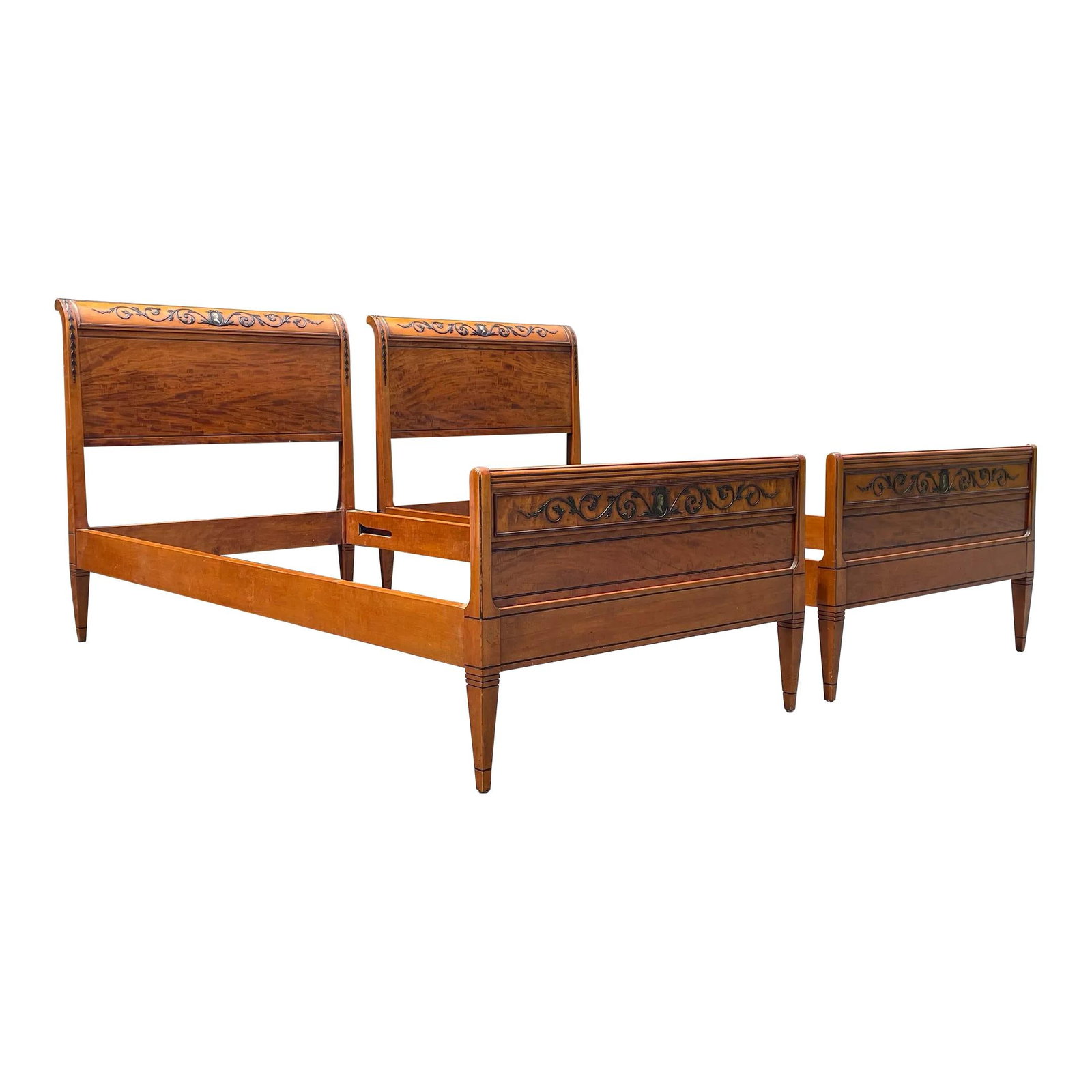 Vintage 1980s Regency French Twin Beds Pair Wood Brown: Vintage 1980s Regency French Twin Beds Pair Wood Brown This exquisite pair of vintage Regency style French twin beds features stunning intricate designs that evoke classic elegance. Crafted from