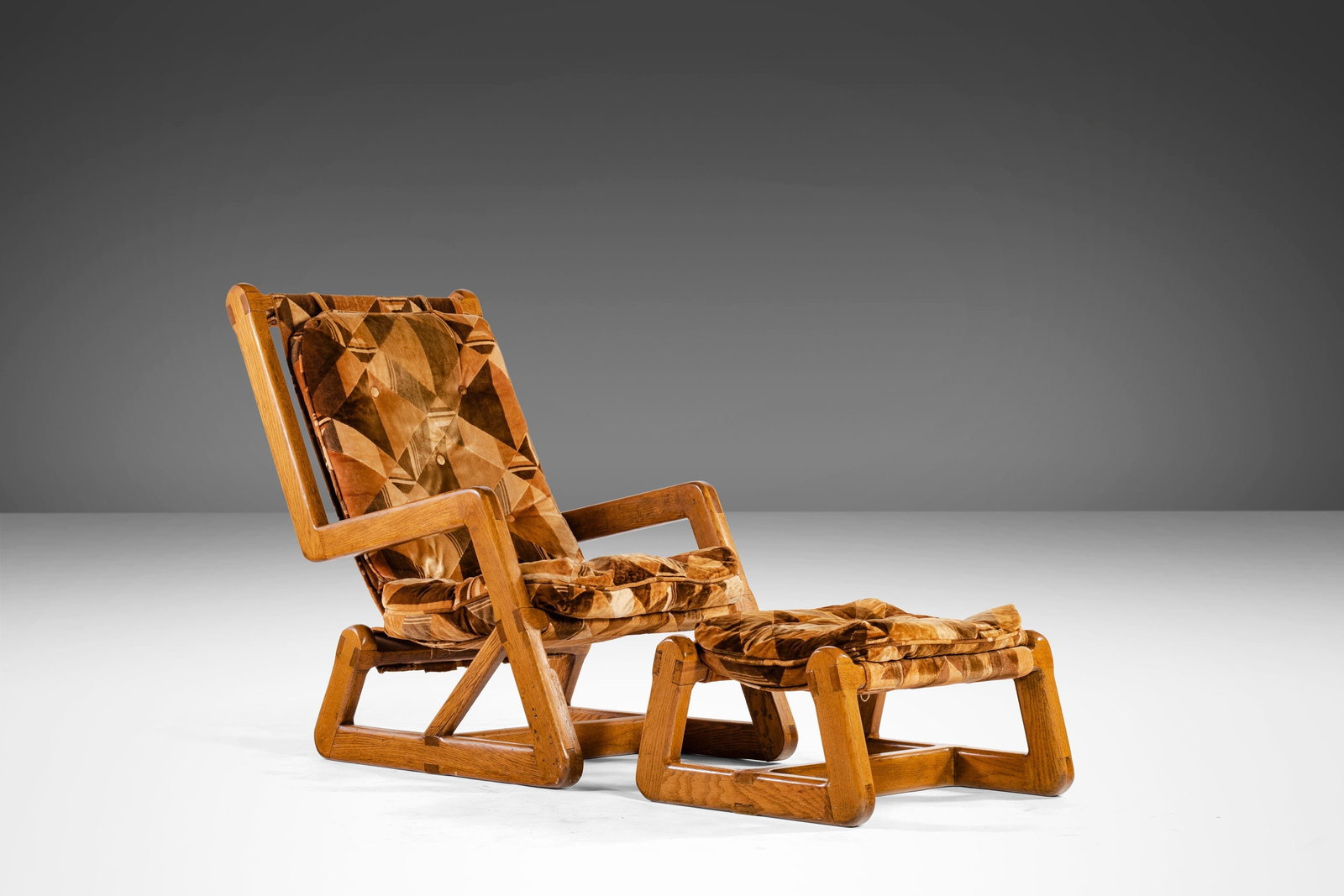 1970s Rare Angular Oak Lounge Chair and Ottoman Set in Original Velvet Fabric (1 of 10)