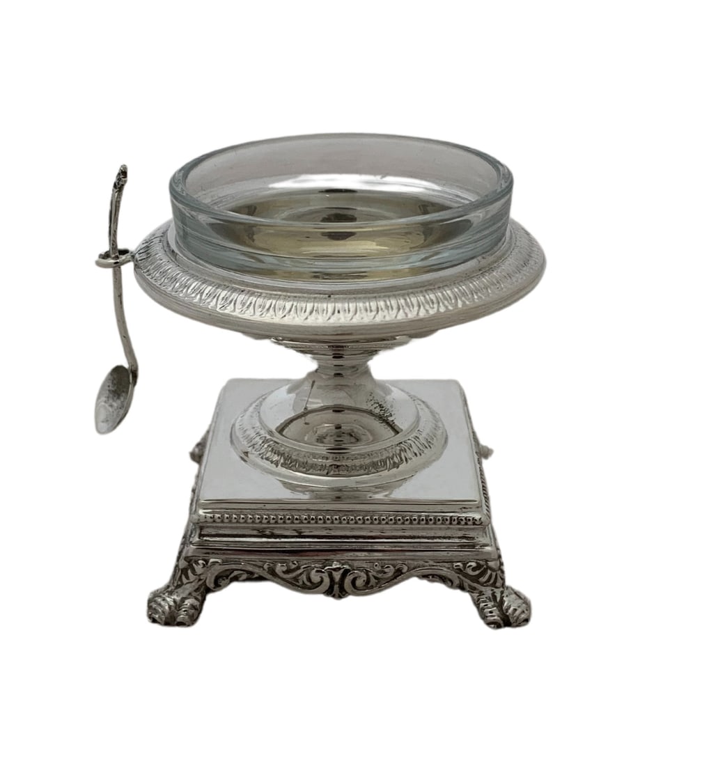 Italian Sterling Silver Salt Holder With Spoon and Glass Insert Floral Pearl Design (1 of 3)