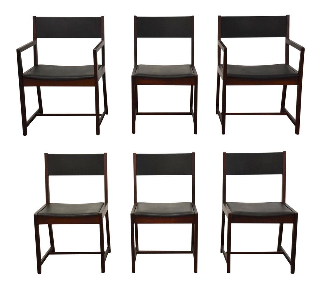Milo Baughman Walnut Dining Chairs Set of 6 Mid Century Modern: Milo Baughman Walnut Dining Chairs Set of 6 Mid Century Modern This exquisite set of 6 mid-century modern dining chairs showcases a stunning walnut frame paired with sleek black vinyl upholstery, expe