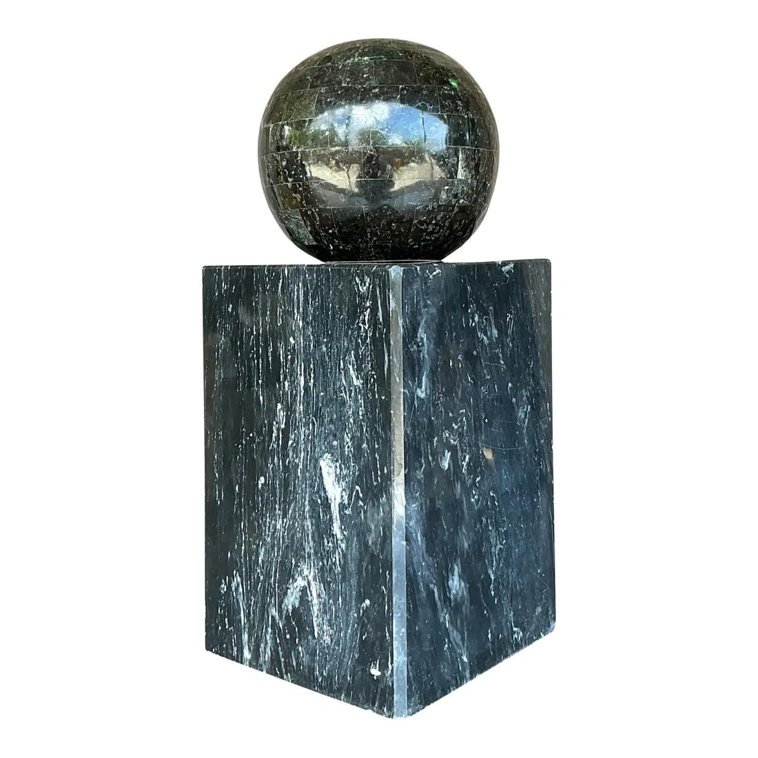 Vintage 1980s Postmodern Geometric Sphere Sculpture in Black Stone and Marble: Vintage 1980s Postmodern Geometric Sphere Sculpture in Black Stone and Marble This vintage monumental sculpture exudes bold, graphic glamour, showcasing a stunning example of 1980s Postmodern design. 