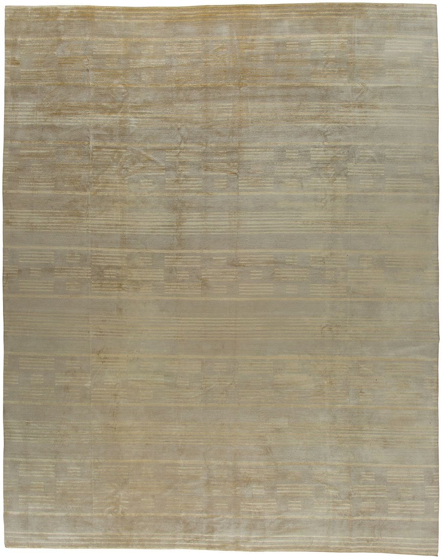 11' 9" x 14' 10" Tibetan Rug Part Silk Part Wool: 11' 9" x 14' 10" Tibetan Rug Part Silk Part Wool Late 20th century Tibetan rug in warm, muted gold and brown tones, crafted with a blend of silk and wool. This pre-owned oversize rug offers a modern l