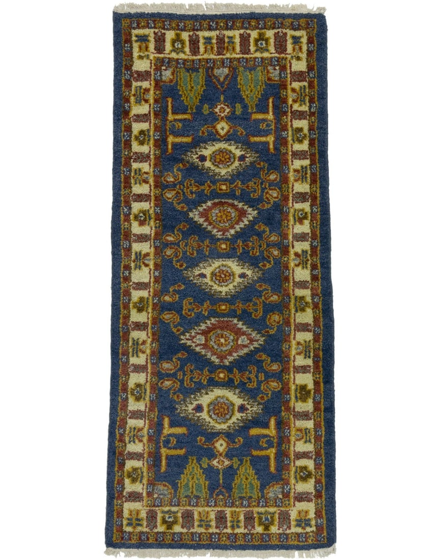 Hand-Knotted Kazak Runner Rug 2'7 x 6'4 Geometric Tribal Design Wool: Hand-Knotted Kazak Runner Rug 2'7 x 6'4 Geometric Tribal Design Wool Enhance your space with this stunning Kazak Oriental Runner Rug, featuring a geometric tribal design that adds a modern touch to an