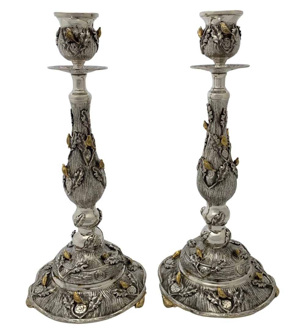 Handmade 925 Sterling Silver Gilded Bird Leaf Candlesticks 16.25 Inches (1 of 3)