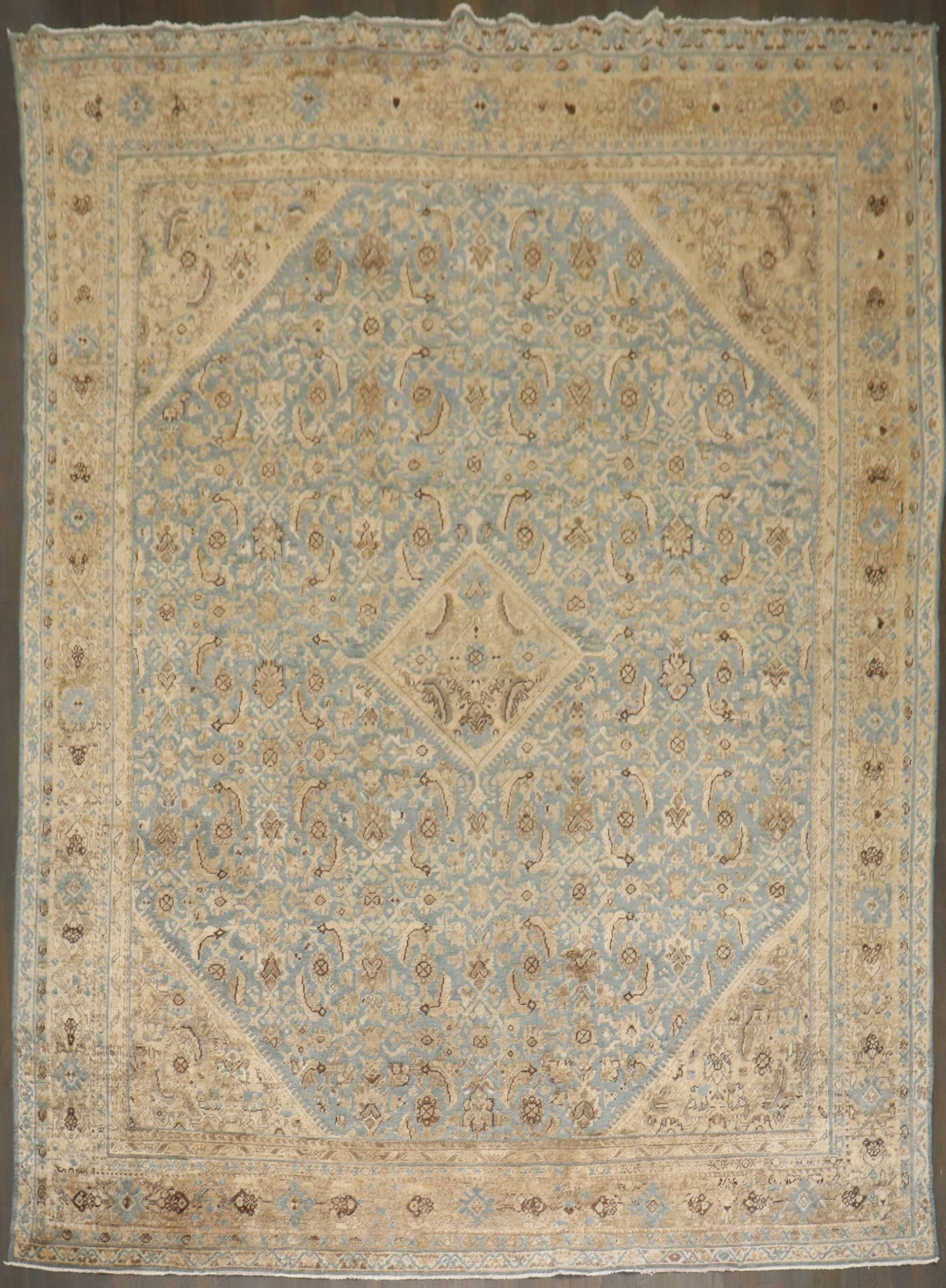 10' 1" x 13' 6" Persian Sultanabad Mahal Room Rug: 10' 1" x 13' 6" Persian Sultanabad Mahal Room Rug A pre-owned 1920s Persian Mahal rug with a soft blue palette accented by tan/khaji tones. Classified as a Sultanabad/Mahal room-size rug, this piece o