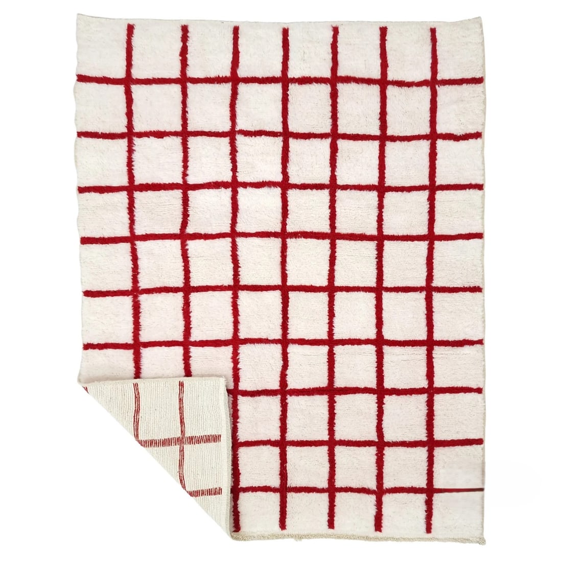 Handwoven Moroccan Berber Rug 8x5 ft Red Grid Pattern 100% Natural Wool: Handwoven Moroccan Berber Rug 8x5 ft Red Grid Pattern 100% Natural Wool Transform your interior with this exquisite handwoven Moroccan Berber rug, showcasing a modern grid pattern in vibrant red over 