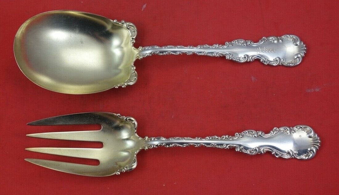 Whiting Gorham Louis XV Sterling Silver Salad Serving Set 9 Inch Gold Wash: Whiting Gorham Louis XV Sterling Silver Salad Serving Set 9 Inch Gold Wash This exquisite Louis XV Salad Serving Set by Whiting Gorham is crafted from high-quality sterling silver, featuring a luxurio