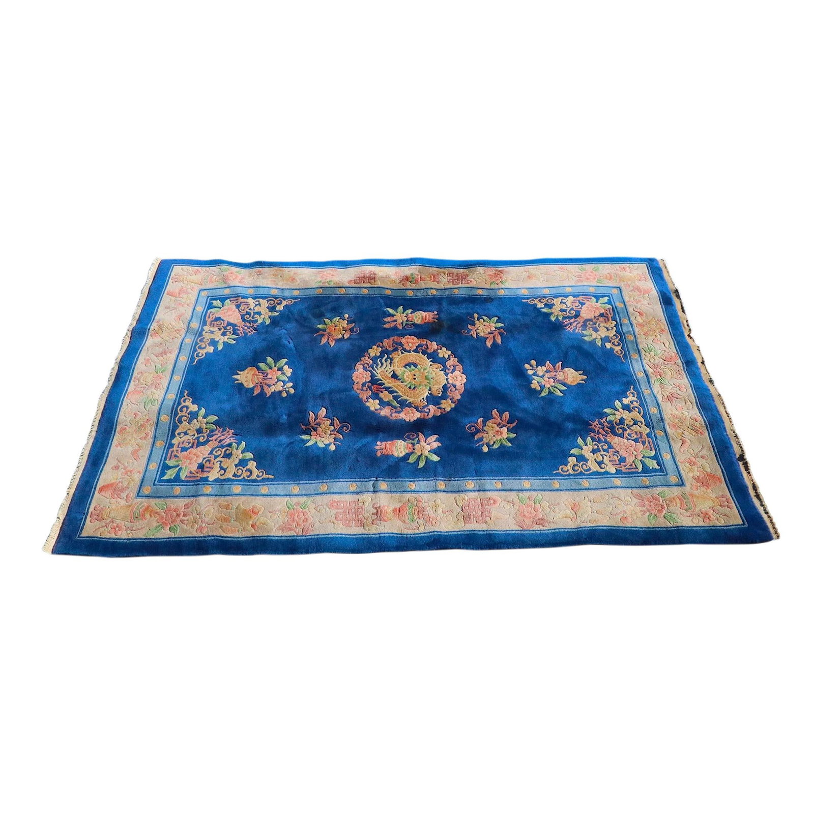 Vintage Chinese Wool Rug with Dragon Medallion 110 x 72: Vintage Chinese Wool Rug with Dragon Medallion 110 x 72 This vintage Chinese rug features a striking dragon medallion at its center, surrounded by vibrant blue hues. Crafted from high-quality wool, it