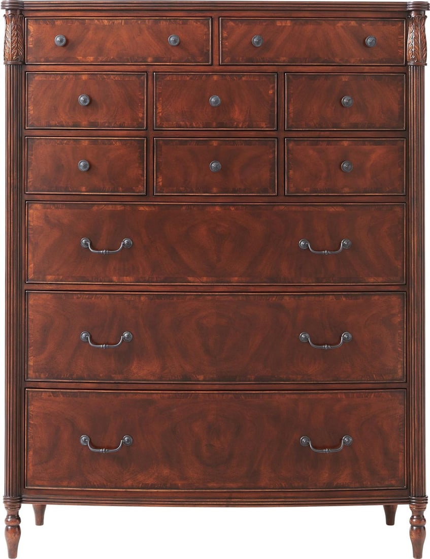 Theodore Alexander Middleton Tallboy Chest Mahogany Veneer: Theodore Alexander Middleton Tallboy Chest Mahogany Veneer This elegant gentleman's chest is crafted in mahogany and mahogany veneer with brass accents, designed in the Federal style. Featuring both l