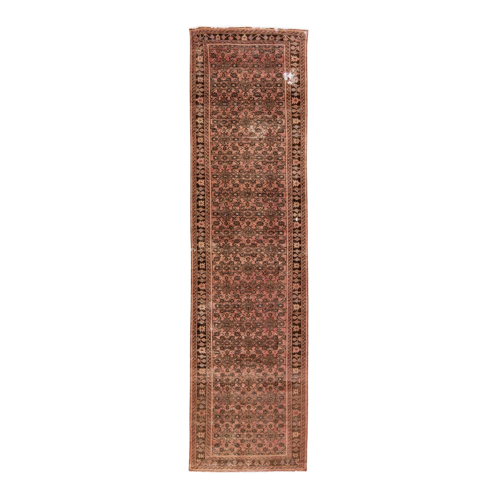 Vintage Persian Handmade Wool Runner Peach Color 3'6 x 13'10: Vintage Persian Handmade Wool Runner Peach Color 3'6 x 13'10 This exquisite vintage Persian rug showcases a distressed design in a beautiful peach color, hand-knotted from high-quality wool. It featur