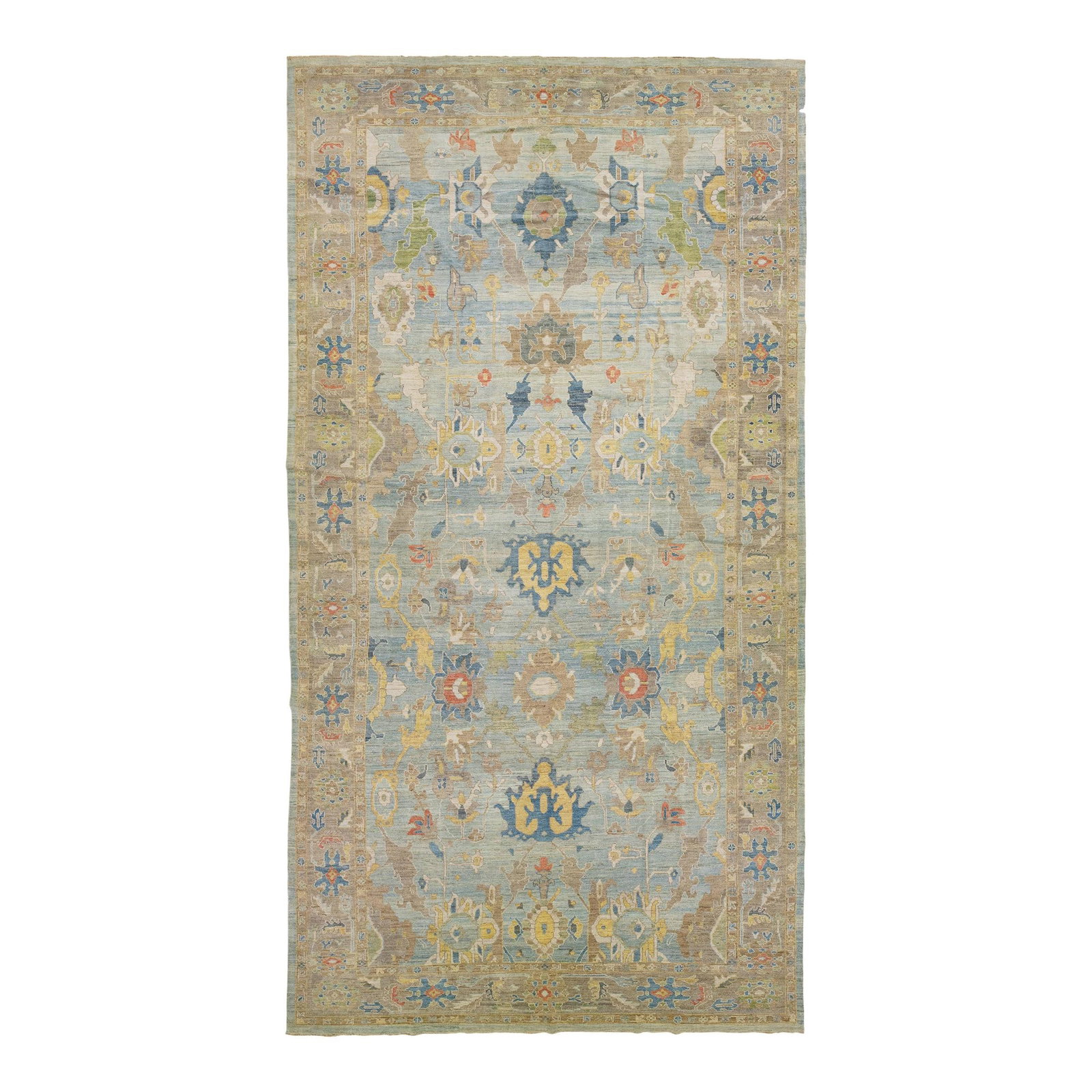 Handmade Floral Wool Sultanabad Rug 10'7 x 19'11 Blue: Handmade Floral Wool Sultanabad Rug 10'7 x 19'11 Blue Experience the beauty of handcrafted artistry with this stunning modern Sultanabad rug, featuring an allover floral design in a captivating light 