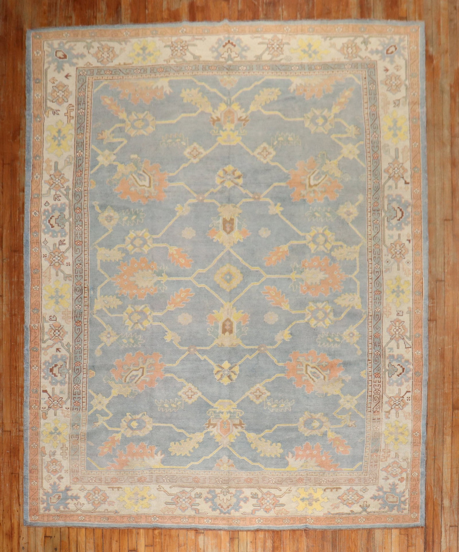 9' x 12' Turkish Oushak Room Rug in Blue: 9' x 12' Turkish Oushak Room Rug in Blue Decorative antique Turkish Oushak rug from the 1930s in a blue colorway. This room-size rug is offered in pre-owned condition. Specifications Type: Oushak Cate